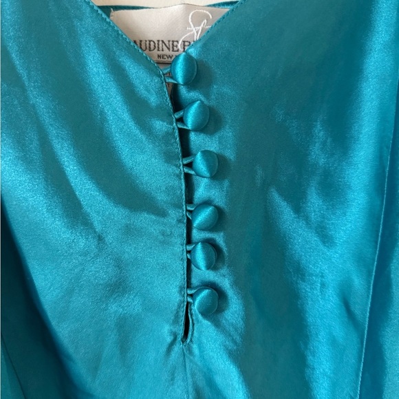 Vintage Claudine Bueché teal satin dress size medium 8 10 - Picture 2 of 6